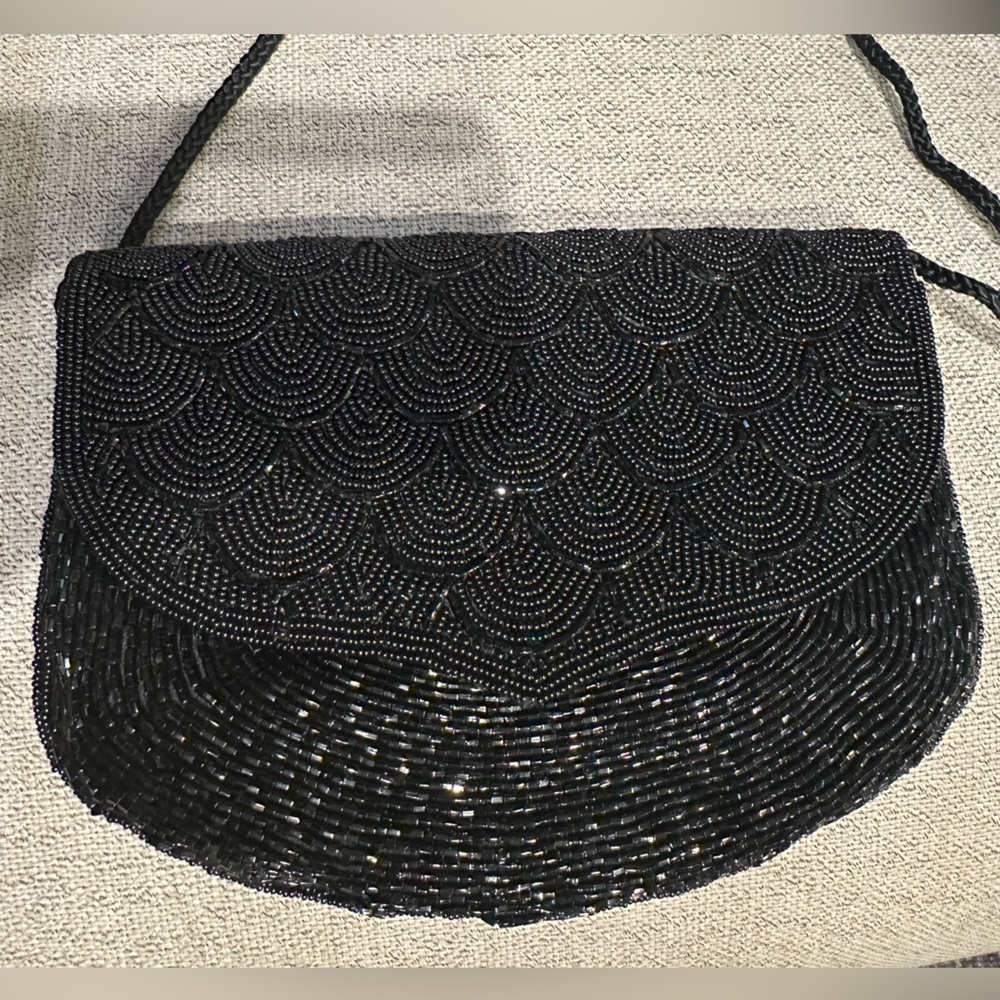 ADG Vintage Look Black Beaded Clutch Shoulder Bag Evening 1920s Flapper Gatsby‎